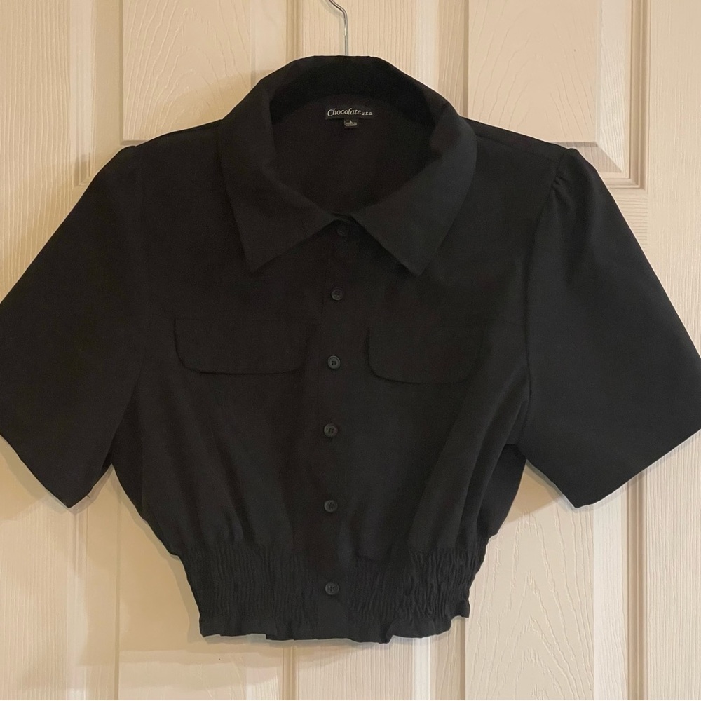 Chocolate U.S.A. Black Cropped Button Up Top Short Sleeve Women’s Size Large Y2K